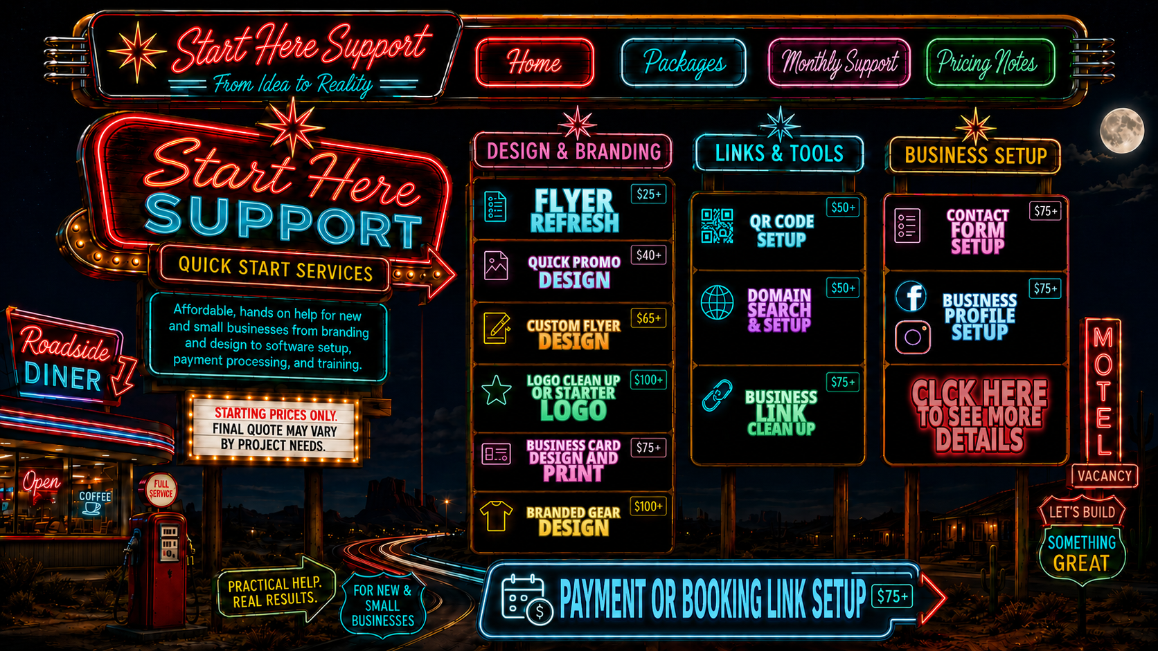 Start Here Support customer pricing sheet